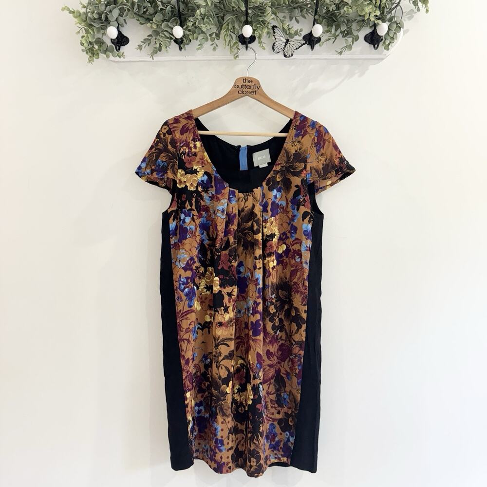 anthropologie Pintura Silk Shift Dress Dark Floral Cap Sleeve Medium FF10 - Picture 2 of 5